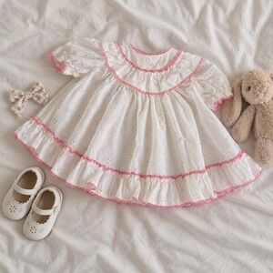 Vintage Baby Dress  60s Vintage white eyelet baby dress pink ruffle trim